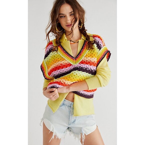 Free People Vest Women’s Size small Rainbow Stripe Summer Daze knit V neck vest - Picture 13 of 13